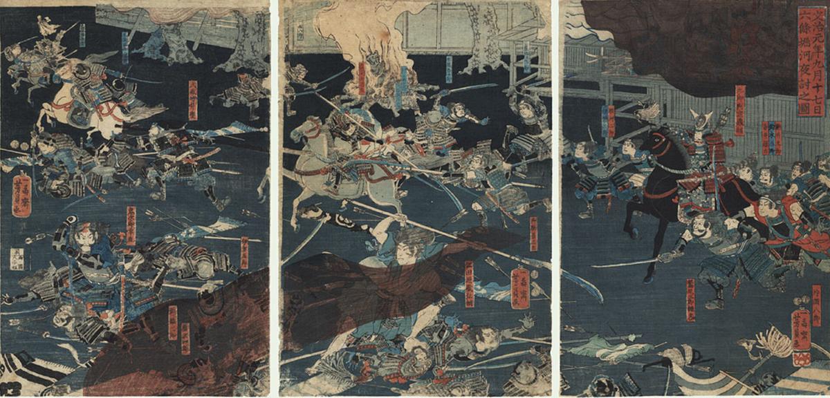 「文治元年九月十七日六條堀川夜討之圖」(一寿斎芳員画 出典:ボストン美術館蔵)